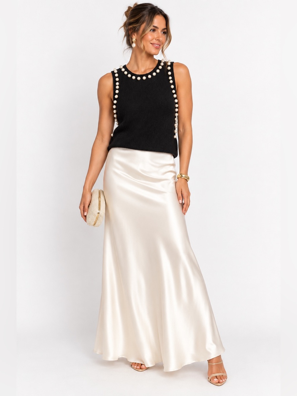 Pearl-Trim Black Sleeveless Knit Top